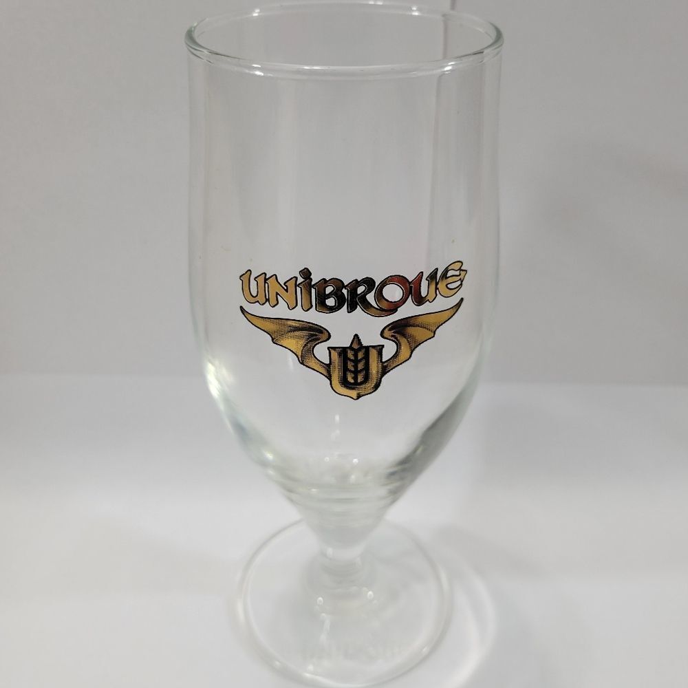 Unibroue Belgium Beer Glass Tulip 7" Tall Beer Glass Gold Print French Canadian
